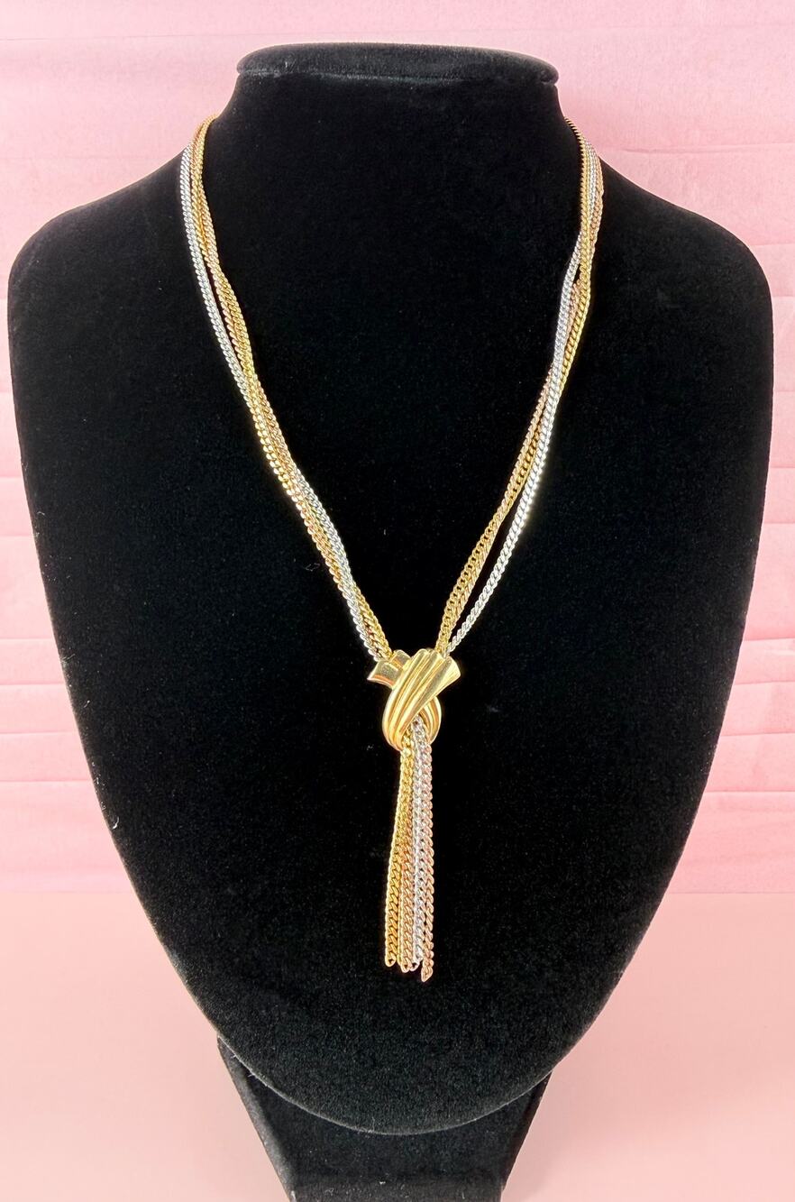 Vintage Avon Tri Tone Lariat Multi Strand Chain Tassel Y Necklace